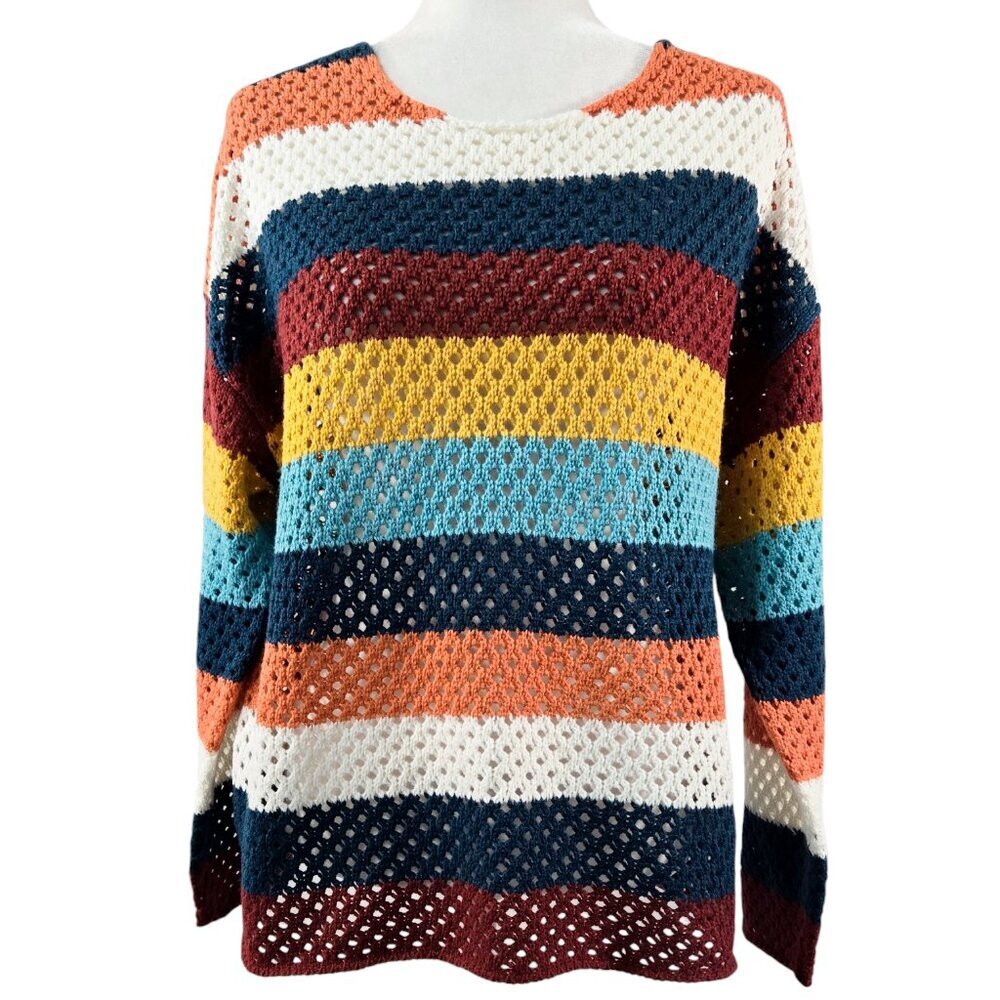Rockin' C Multicolor Stripe Open Knit Crocket Oversized Sweater Beachy Boho